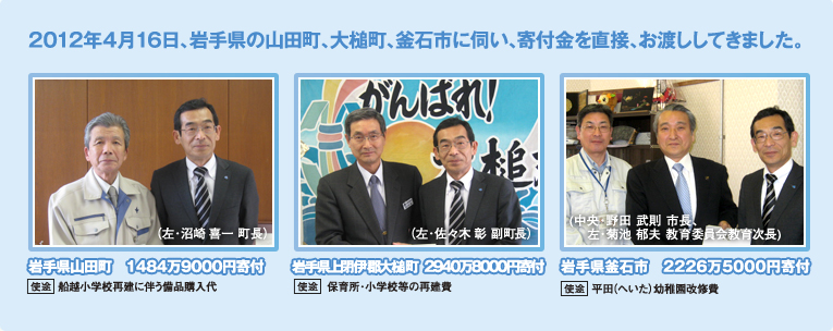 2012年4月16日、岩手県の山田町、大槌町、釜石市に伺い、寄付金を直接、お渡ししてきました。