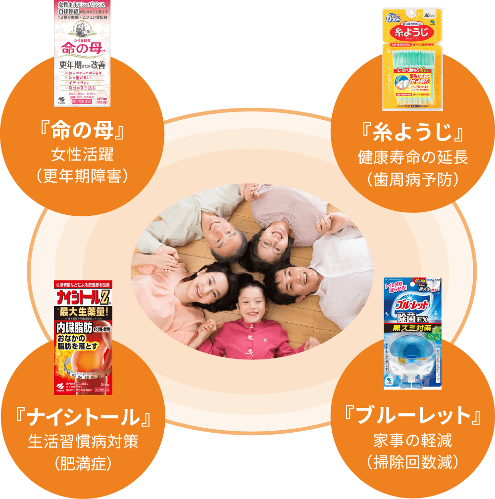 中央に家族が寝転んで笑顔を見せる写真があり、その周囲に4つの製品と効用が配置された図。『命の母』は女性活躍（更年期障害）、『糸ようじ』は健康寿命の延長（歯垢除去）、『ナイシトール』は生活習慣病対策（肥満）、『ブルーレット』は家事負担の軽減（トイレ掃除）に関する商品として紹介されている。