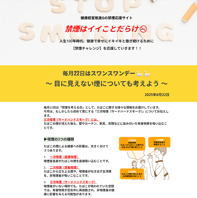 『禁煙はイイことだらけ(禁煙応援サイト)』のスクリーンショット。6月22日の「スワンスワンデー」に合わせて、目に見えない煙「三次喫煙(サードハンドスモーク)」についての説明や、喫煙の3つの種類(一次・二次・三次)を図解付きで紹介している。