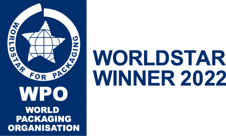 「WORLDSTAR WINNER 2022」と書かれた文字と、WPO（世界包装機構）のロゴが描かれた画像。ロゴには地球儀と星のデザインが含まれている。