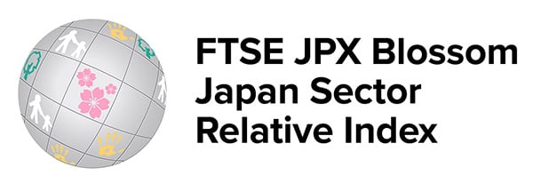 灰色の地球儀のイラストの横に、'FTSE JPX Blossom Japan Sector Relative Index'と大きく表示されたロゴ画像。地球儀には桜の花や人型のアイコンが描かれている。