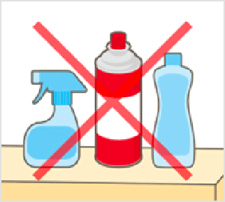 浴室など湿気の多い場所や洗剤などが付着する場所に置かないこと