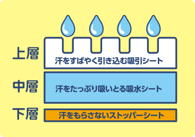 3層構造のシートのが汗を吸収するイメージ