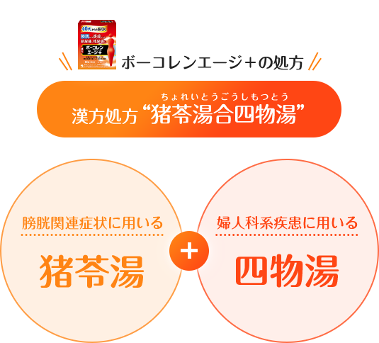 ボーコレンエージ＋の処方 漢方処方“猪苓湯合四物湯（ちょれいとうごうしもつとう）” 膀胱関連症状に用いる猪苓湯＋婦人科系疾患に用いる四物湯