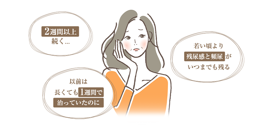 2週間以上 続く...若い頃より 残尿感と頻尿が いつまでも残る 以前は 長くても1週間で 治っていたのに