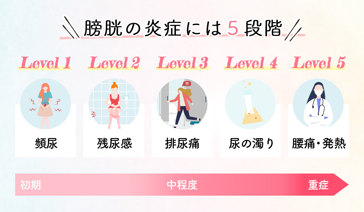 膀胱の炎症には5段階　Level1 頻尿、Level2 残尿感、Level3 排尿痛、Level4　尿の濁り、Level5　腰痛・発熱
