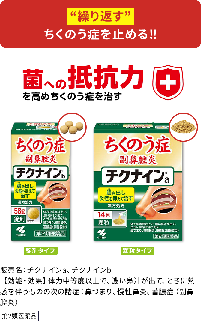 “繰り返す” ちくのう症を止める‼菌への抵抗力を高めちくのう症を治す 販売名：チクナインa、チクナインb 【効能・効果】体力中等度以上で、濃い鼻汁が出て、ときに熱感を伴うものの次の諸症：鼻づまり、慢性鼻炎、蓄膿症（副鼻腔炎）【第2類医薬品】