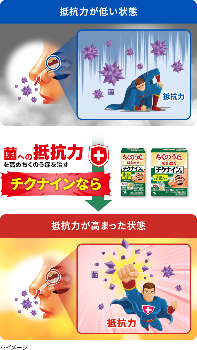 抵抗力が低い状態から、チクナインを使用して、抵抗力が高まった状態になるイメージ