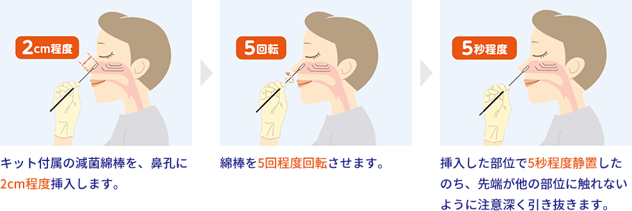 キット付属の滅菌綿棒を、鼻孔に2cm程度挿入します。 → 綿棒を5回程度回転させます。 → 挿入した部位で5秒程度静置したのち、先端が他の部位に触れないように注意深く引き抜きます。