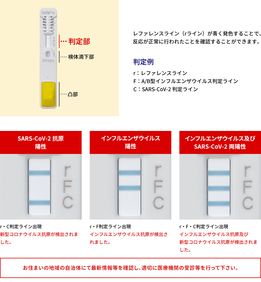 判定部イメージ画像 レファレンスライン（rライン）が青く発色することで、反応が正常に行われたことを確認することができます。 判定例 r：レファレンスライン F：A/B型インフルエンザウイルス判定ライン C：SARS-CoV-2 判定ライン SARS-CoV-2抗原 陽性 r・C判定ライン出現 新型コロナウイルス抗原が検出されました。インフルエンザウイルス 陽性 r・F判定ライン出現 インフルエンザウイルス抗原が検出されました。インフルエンザウイルス及び SARS-CoV-2両陽性 r・F・C判定ライン出現 インフルエンザウイルス抗原及び 新型コロナウイルス抗原が検出されました。 お住まいの地域の自治体にて最新情報等を確認し、適切に医療機関の受診等を行って下さい。