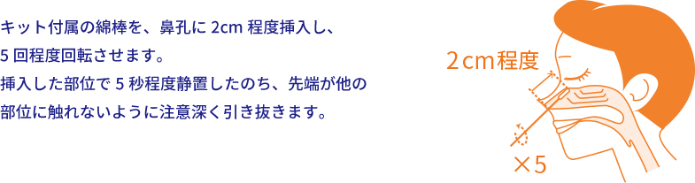 キット付属の綿棒を、鼻孔に2cm程度挿入し、5回程度回転させます。挿入した部位で5秒程度静置したのち、先端が他の部位に触れないように注意深く引き抜きます。