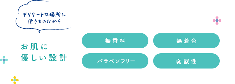 デリケートな場所に使うものだからお肌に優しい設計 無香料、無着色、パラベンフリー、弱酸性
