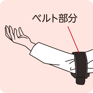 画像:専用ホルダーの面ファスナーを下に向けて服の上から腕を通す。