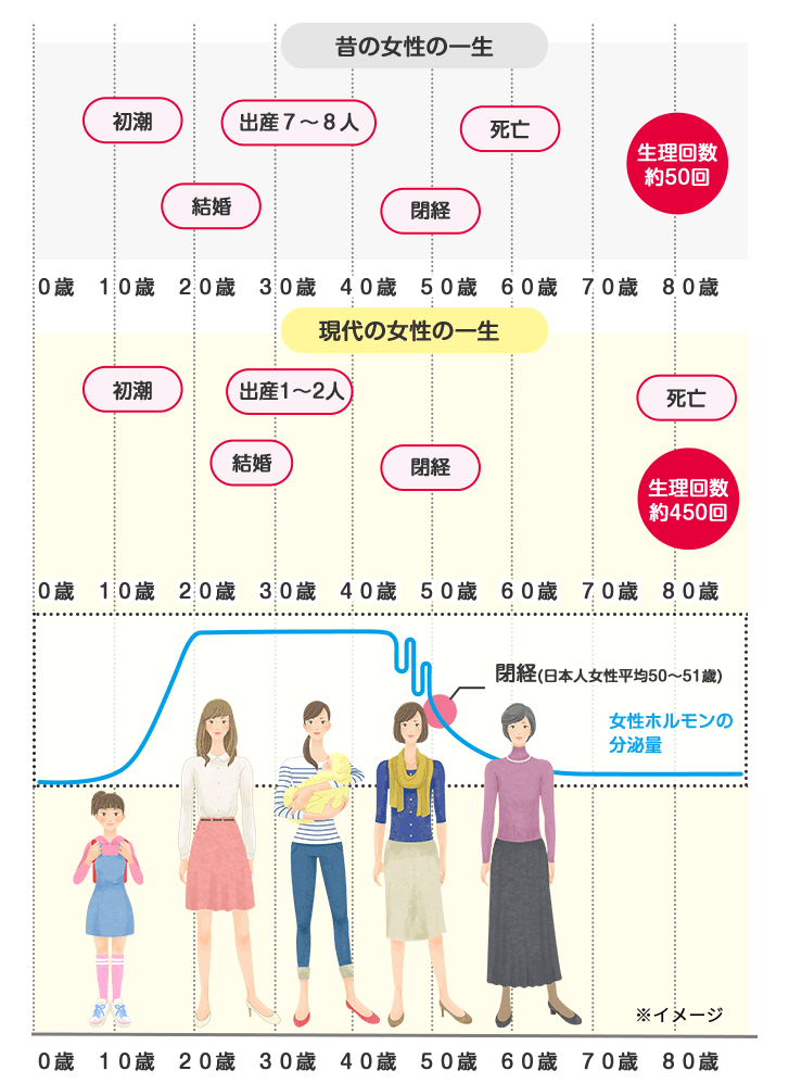 昔の女性の一生と今の女性の一生の比較グラフ 昔の女性：出産７〜８人、生理回数約50回 現代の女性：出産1〜2人、生理回数約450回