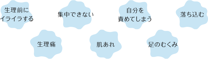 ・生理前にイライラする　・集中できない　・自分を責めてしまう　・落ち込む　・生理痛　・肌あれ　・足のむくみ