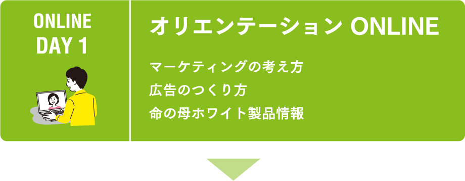 ONLINE DAY 1 オリエンテーション ONLINE マーケティングの考え方 広告のつくり方 命の母ホワイト製品情報