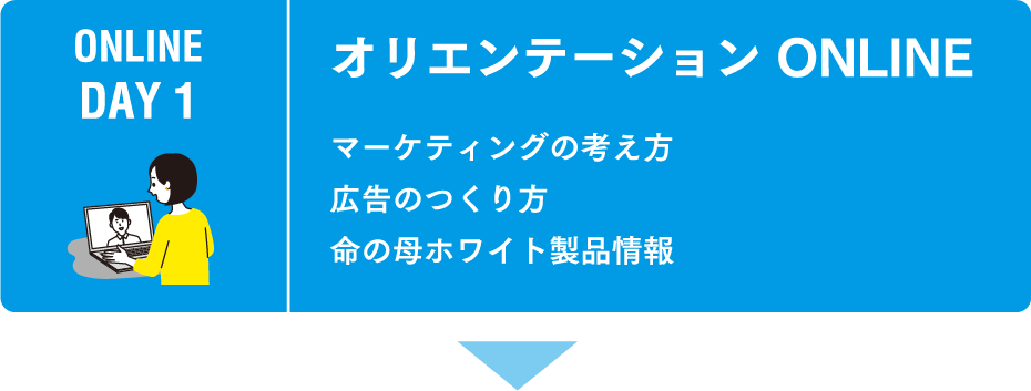 ONLINE DAY 1 オリエンテーション ONLINE マーケティングの考え方 広告のつくり方 命の母ホワイト製品情報