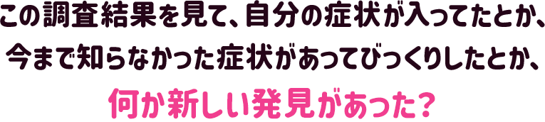 この調査結果を見て、自分の症状が入ってたとか、今まで知らなかった症状があってびっくりしたとか、何か新しい発見があった？