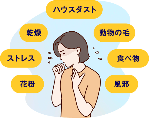 花粉　ストレス　乾燥　ハウスダスト　動物の毛　食べ物　風邪