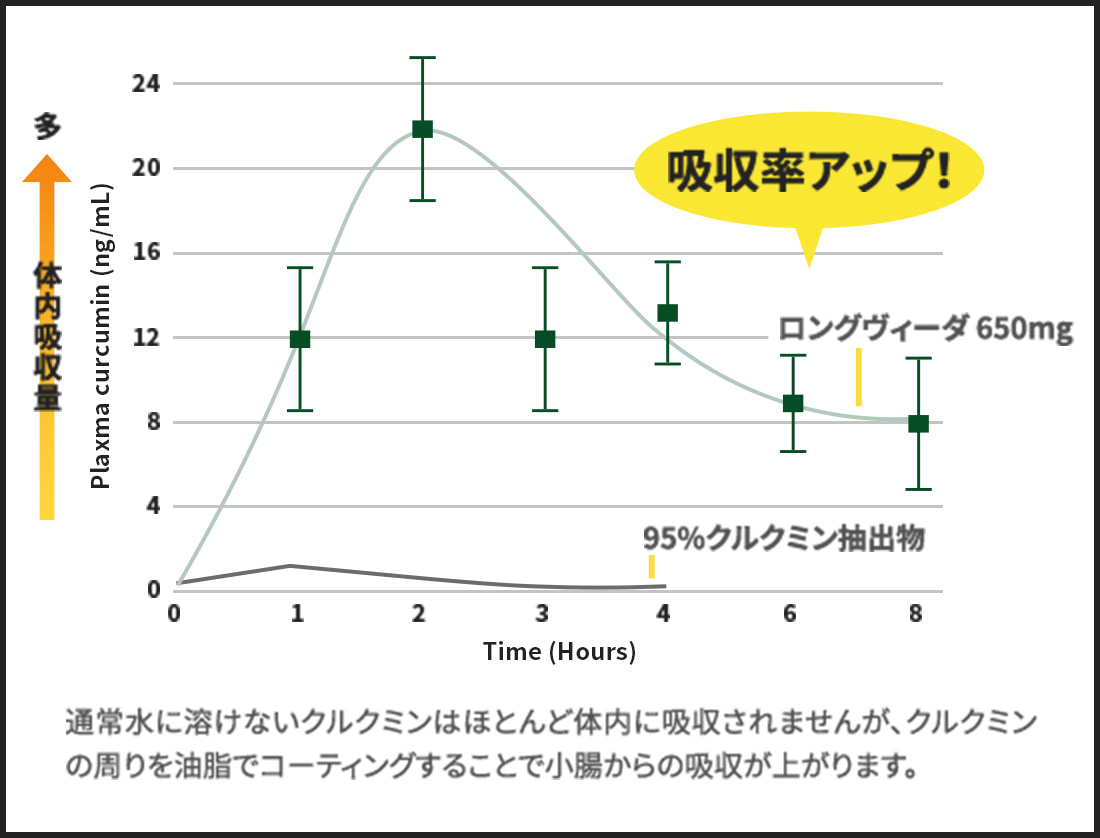 通常水に溶けないクルクミンはほとんど体内に吸収されませんが、クルクミンの周りを油脂でコーティングすることで小腸からの吸収が上がります。