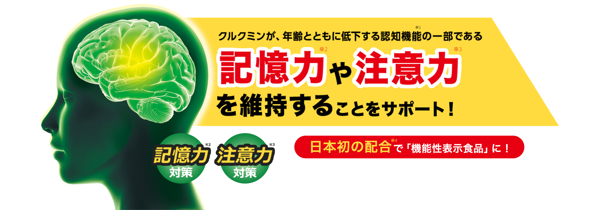 クルクミンが年齢とともに低下する認知機能（※1）の一部である記憶力（※2）や注意力（※3）を維持することをサポート 日本初（※4）の配合で「機能性表示食品」に！