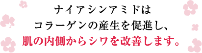 ナイアシンアミドはコラーゲンの産生を促進し、肌の内側からシワを改善します。