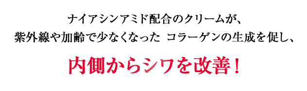 ナイアシンアミド配合のクリームが、紫外線や加齢で少なくなったコラーゲンの生成を促し、内側からシワを改善！