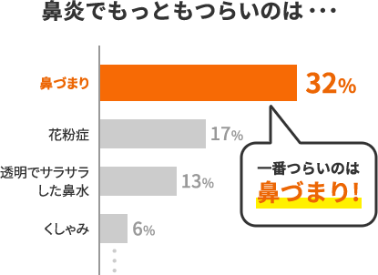 鼻炎でもっともつらいのは・・・一番つらいのは鼻づまり！32% 花粉症17% 透明でサラサラした鼻水13% くしゃみ6%