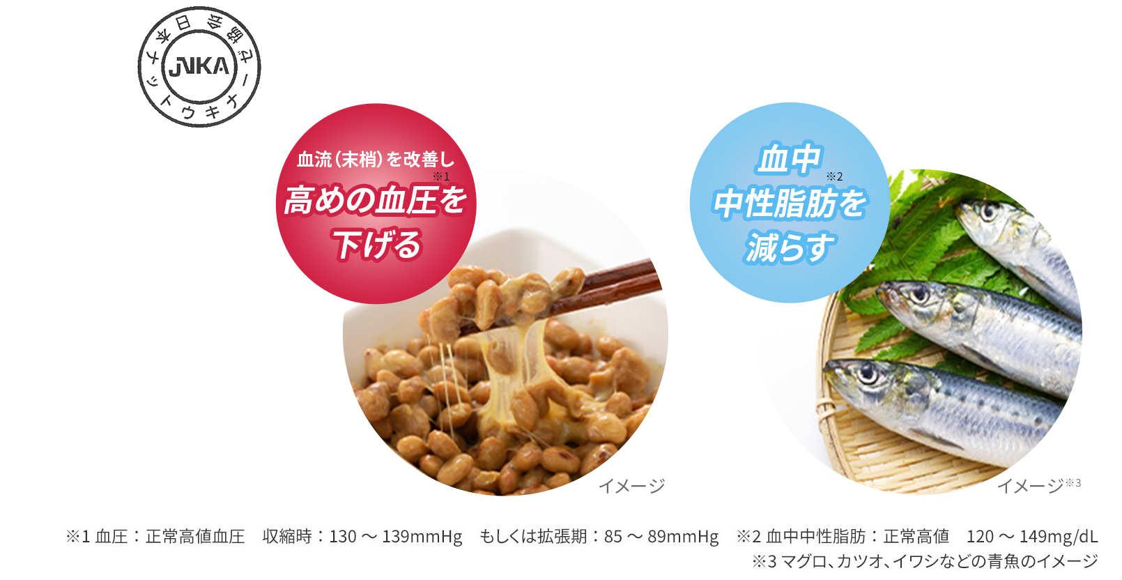 血流（末梢）を改善し高めの血圧を
        下げる血中中性脂肪を減らす ※1血圧：正常高値血圧　収縮時：130～139mmHg　もしくは拡張期：85～89mmHg　※2血中中性脂肪：正常高値　120～149mg/dL※3マグロ、カツオ、イワシなどの青魚のイメージ
