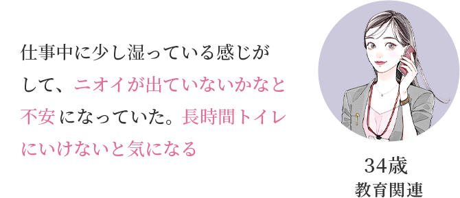 34歳 教育関連「仕事中に少し湿っている感じがして、ニオイが出ていないかなと不安になっていた。長時間トイレにいけないと気になる」