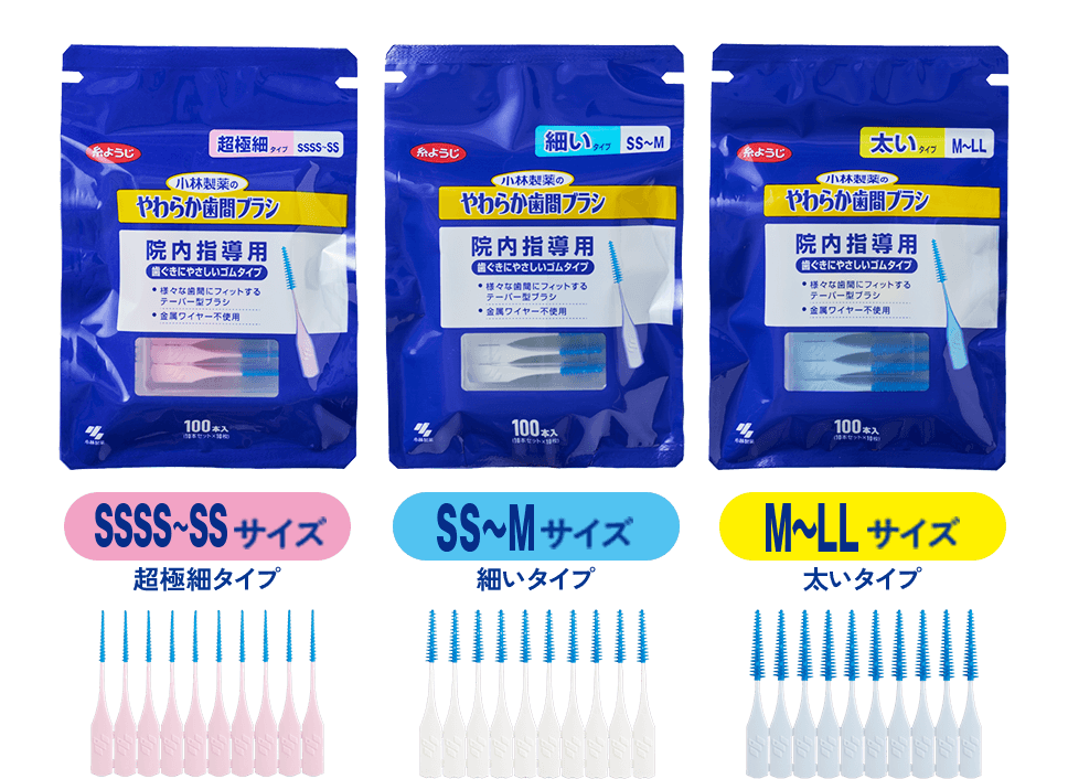 小林製薬のやわらか歯間ブラシ3種類のパッケージ。超極細タイプ（SSSS～SSサイズ）、細いタイプ（SS～Mサイズ）、太いタイプ（M～LLサイズ）