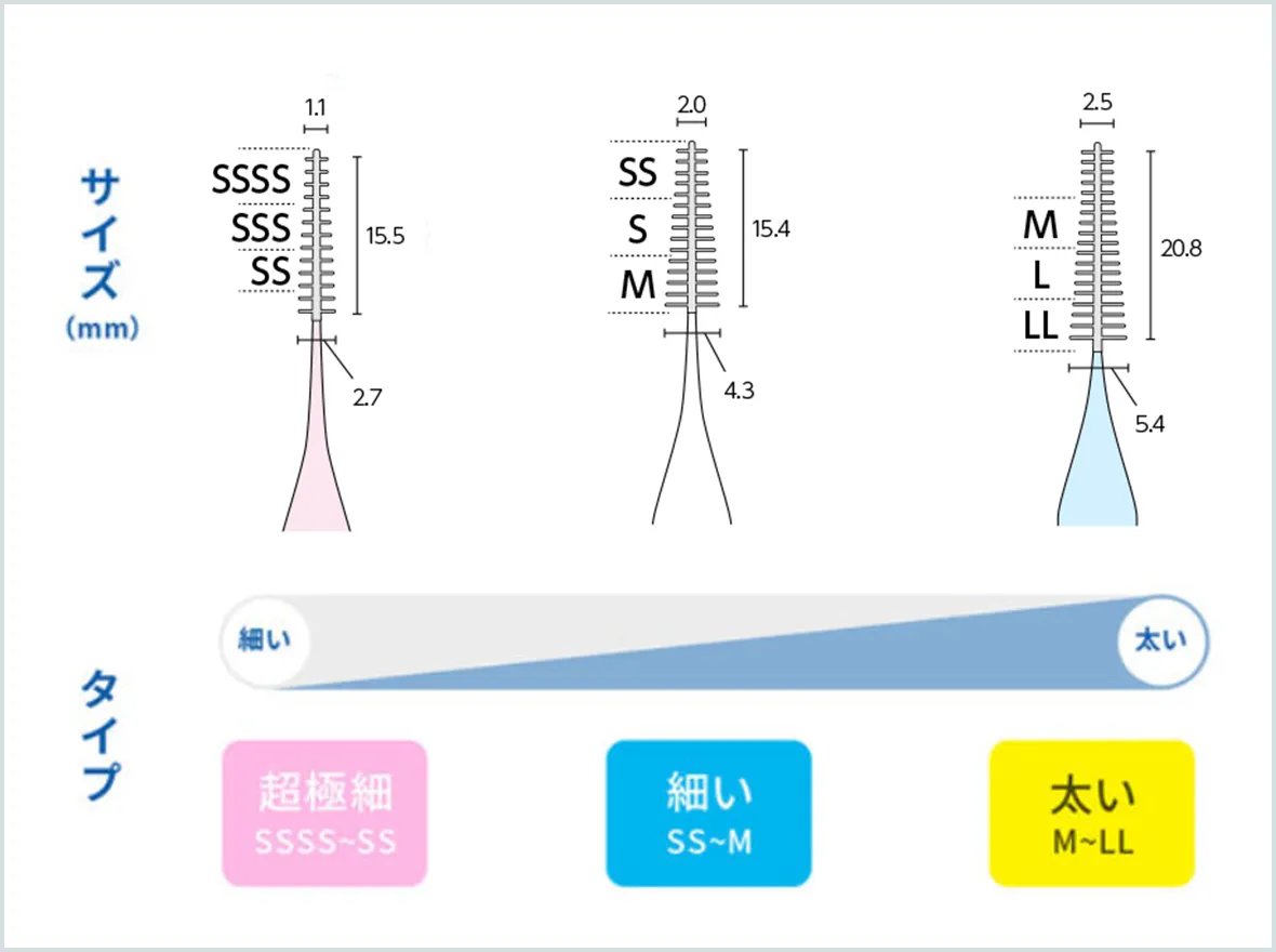 歯間ブラシのサイズ比較図。超極細タイプ(SSSS〜SS)、細いタイプ(SS〜M)、太いタイプ(M〜LL)の、それぞれのブラシの太さと長さ