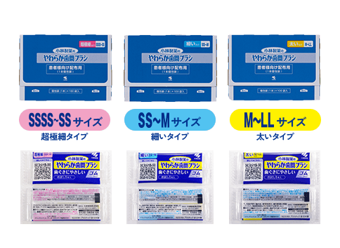 小林製薬のやわらか歯間ブラシ3種類のパッケージ。超極細タイプ（SSSS～SSサイズ）、細いタイプ（SS～Mサイズ）、太いタイプ（M～LLサイズ）