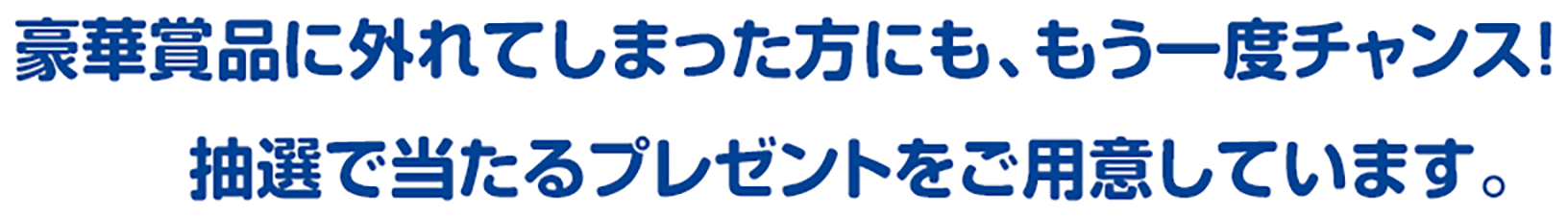 豪華賞品に外れてしまった方にも、もう一度チャンス！ 抽選で当たるプレゼントをご用意しています。
