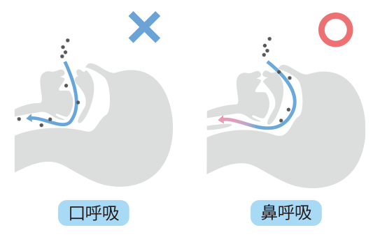 ×：口呼吸 〇：鼻呼吸