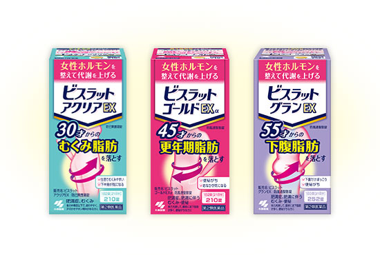 30才からのむくみ脂肪を落とすビスラットアクリアEX 45才からの更年期脂肪を落とすビスラットゴールドEXα 55才からの下腹脂肪を落とすビスラットグランEX