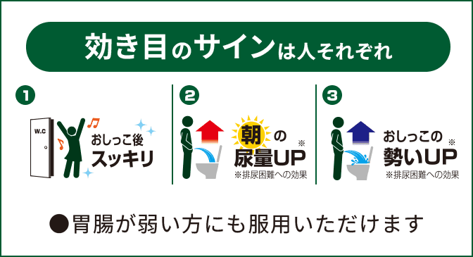 効き目のサインは人それぞれ おしっこ後スッキリ 朝の尿量UP※排尿困難への効果 おしっこの勢いUP ※排尿困難への効果