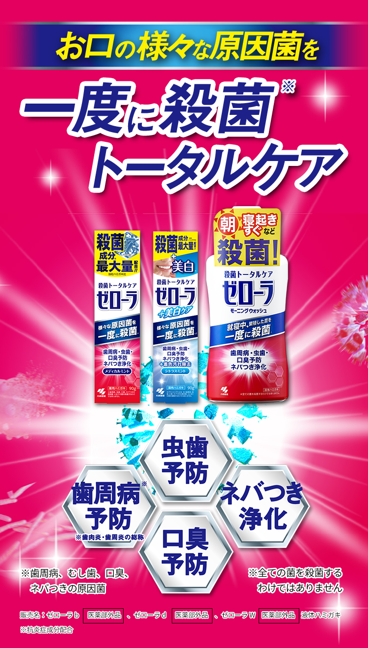 お口の様々な原因菌を一度に殺菌トータルケア　ゼローラ