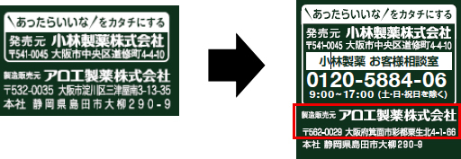 中央研究所の移転に伴う、製品等に記載の「製造販売元」住所表記