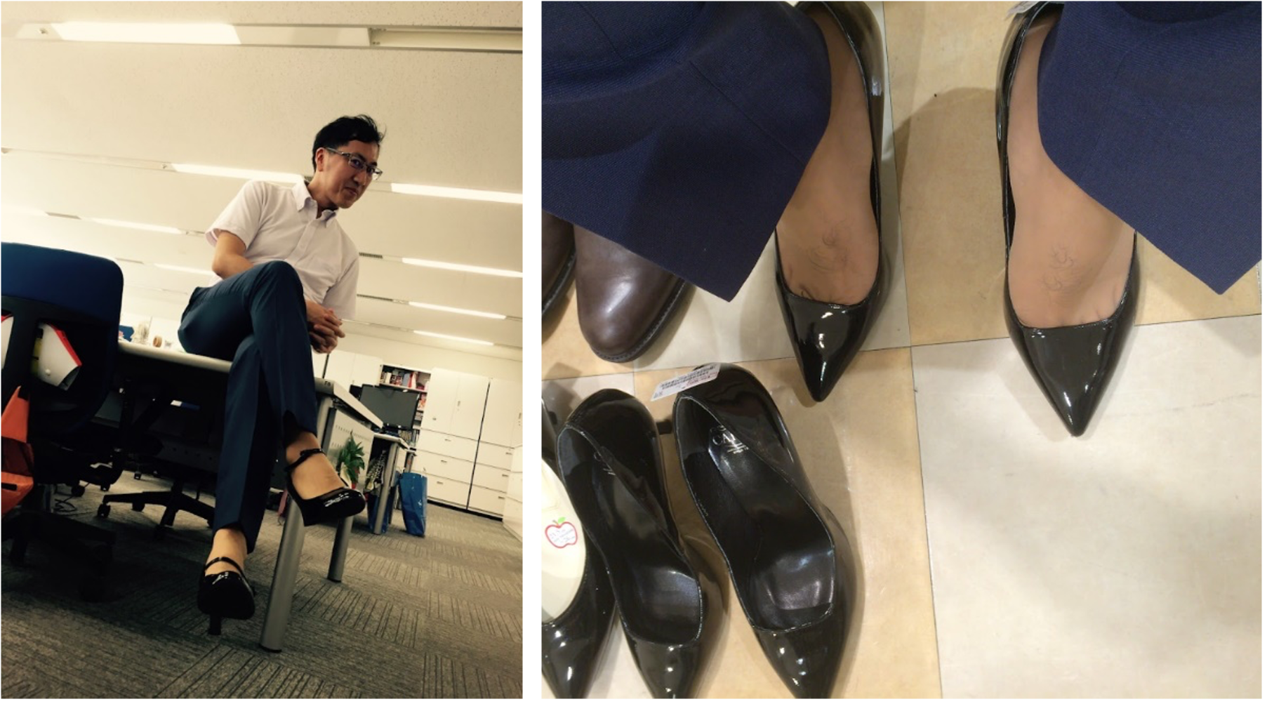 左：ハイヒールを履いていた当時の写真　右：ハイヒール試着中