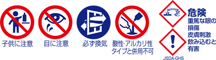 子供に注意、目に注意、必ず換気、酸性・アルカリ性タイプと併用不可