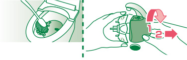 （1）効果を発揮させるために、便器を掃除してからご使用ください。使用済のボトルをタンクの上でひねりながらはずす。