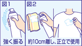 図1：強く振る 図2：約10cm離し、正立で使用