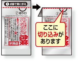 個袋の上部を赤い点線に沿って奥に折る