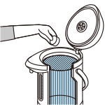 （2）ぬるま湯（約40℃）をポットの満水目盛りまで入れ、錠剤を投入し、フタを開けたままにする。