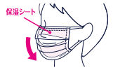 （3）プリーツの折り目を縦に伸ばし、保湿シートの間に鼻と口が入るように付ける。