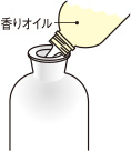 使用済みのスティックを直接触らないようにティッシュなどを使って捨てる。ガラス容器を平らで安定した場所に置き、香りオイルの注ぎ口を差し込んで液を全て注ぐ。