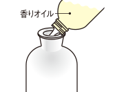 使用済みのスティックを直接触らないようにティッシュなどを使って捨てる。ガラス容器を平らで安定した場所に置き、香りオイルの注ぎ口を差し込んで液を全て注ぐ。